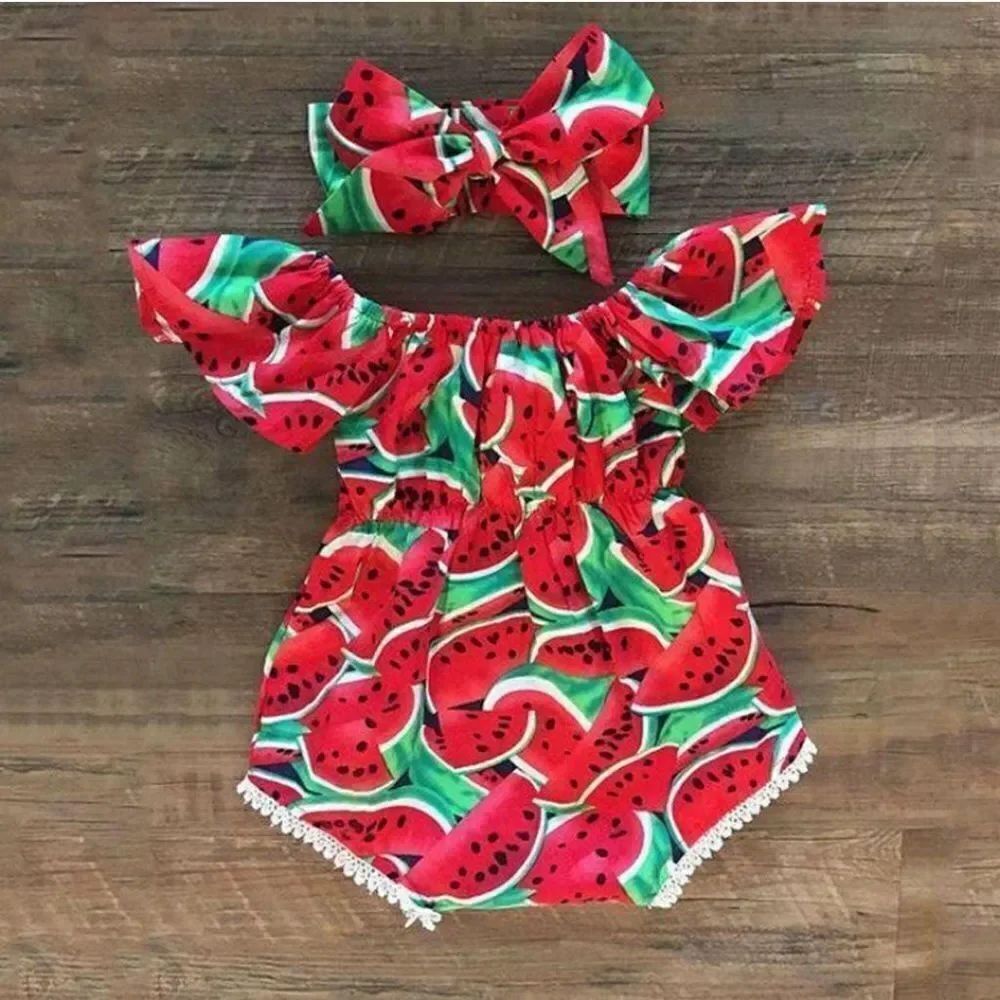 Adorable Watermelon Print Romper and Headband Set - Sz 12-18 Mos